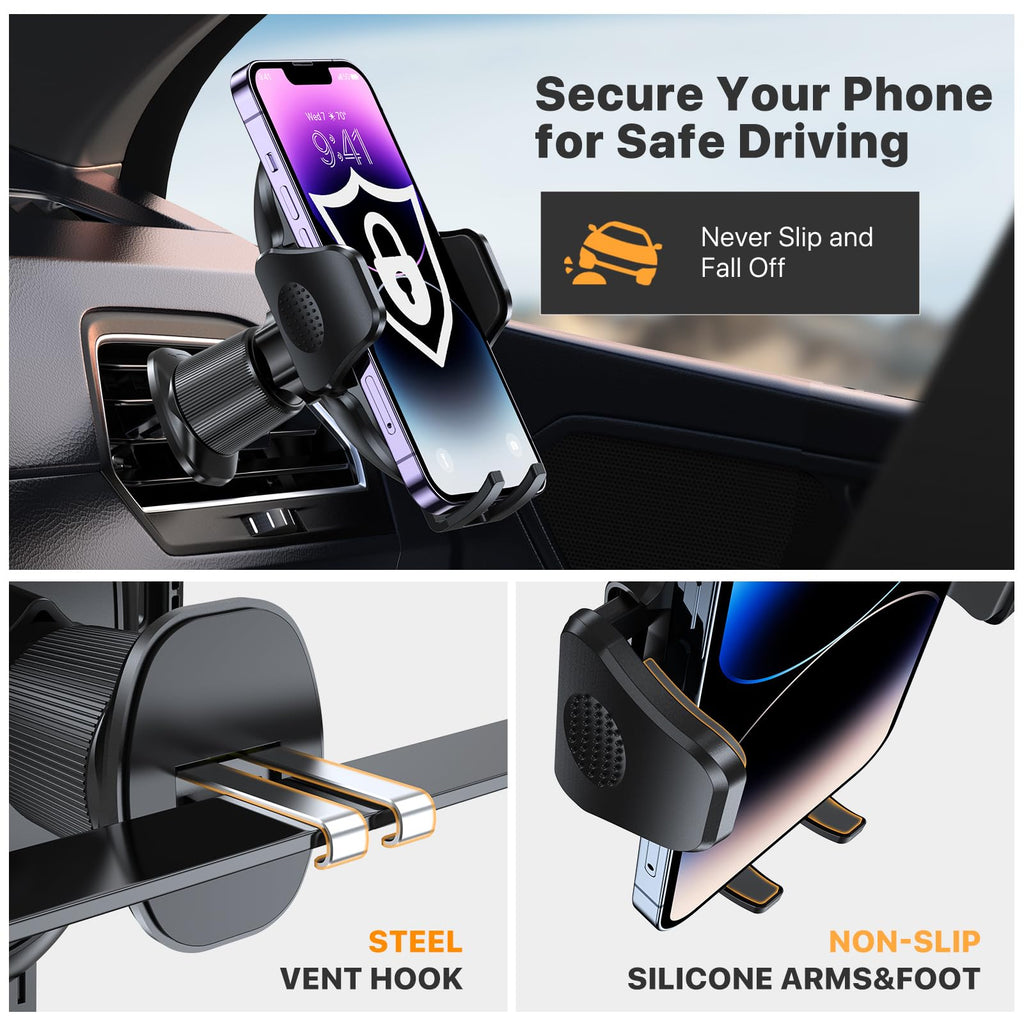 Miracase Phone Holders for Your Car with Metal Hook Clip, Air Vent Cell Phone Stand Car Mount, Universal Automobile Cradle for Garmin GPS Fit iPhone Android and All Smartphones, Dark Black