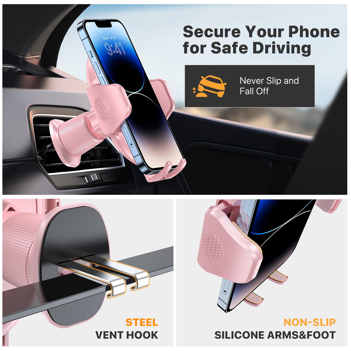 Miracase Phone Holders for Your Car with Metal Hook Clip, Air Vent Cell Phone Stand Car Mount, Universal Automobile Cradle for Garmin GPS Fit iPhone Android and All Smartphones, Dark Black