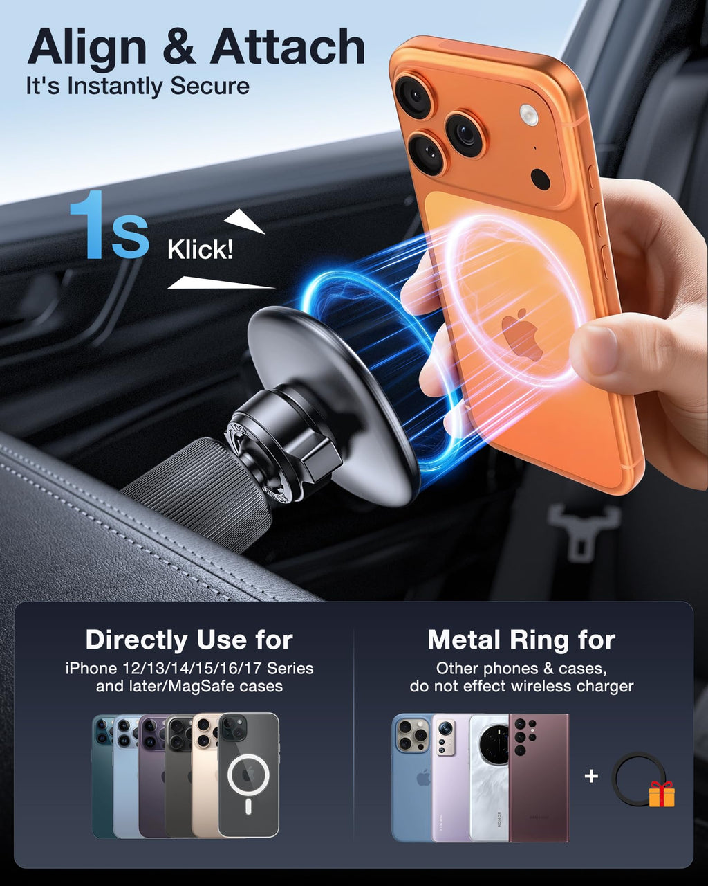 Miracase Phone Holders for Your Car with Metal Hook Clip, Air Vent Cell Phone Stand Car Mount, Universal Automobile Cradle for Garmin GPS Fit iPhone Android and All Smartphones, Dark Black